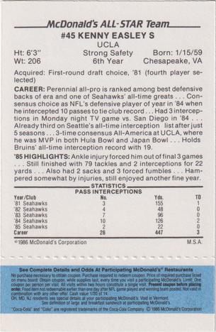 1986 McDonald's All-Star Team - Full Game Pieces: Week 1 Blue Tab #NNO Kenny Easley Back