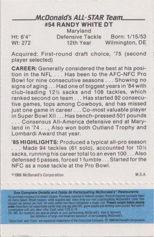 1986 McDonald's All-Star Team - Full Game Pieces: Week 1 Blue Tab #NNO Randy White Back
