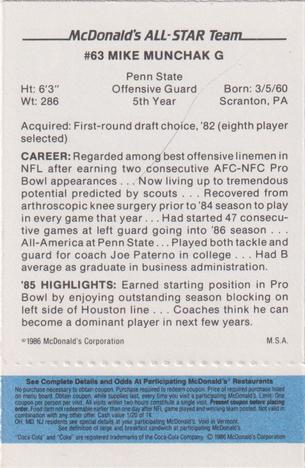 1986 McDonald's All-Star Team - Full Game Pieces: Week 1 Blue Tab #NNO Mike Munchak Back