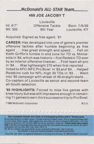 1986 McDonald's All-Star Team - Full Game Pieces: Week 1 Blue Tab #NNO Joe Jacoby Back