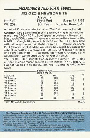 1986 McDonald's All-Star Team - Full Game Pieces: Week 1 Blue Tab #NNO Ozzie Newsome Back