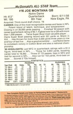 1986 McDonald's All-Star Team - Full Game Pieces: Week 3 Gold/Orange Tab #NNO Joe Montana Back