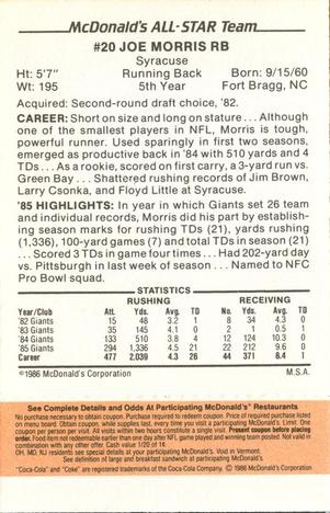 1986 McDonald's All-Star Team - Full Game Pieces: Week 3 Gold/Orange Tab #NNO Joe Morris Back