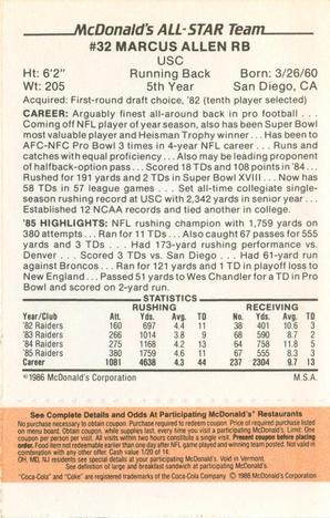 1986 McDonald's All-Star Team - Full Game Pieces: Week 3 Gold/Orange Tab #NNO Marcus Allen Back