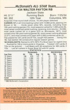 1986 McDonald's All-Star Team - Full Game Pieces: Week 3 Gold/Orange Tab #NNO Walter Payton Back