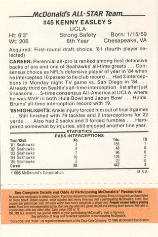 1986 McDonald's All-Star Team - Full Game Pieces: Week 3 Gold/Orange Tab #NNO Kenny Easley Back