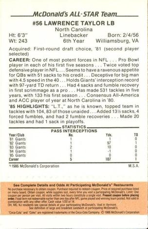 1986 McDonald's All-Star Team - Full Game Pieces: Week 3 Gold/Orange Tab #NNO Lawrence Taylor Back