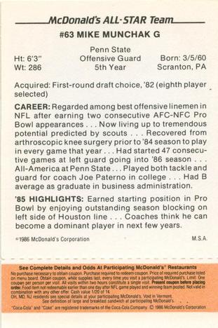 1986 McDonald's All-Star Team - Full Game Pieces: Week 3 Gold/Orange Tab #NNO Mike Munchak Back