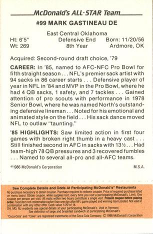 1986 McDonald's All-Star Team - Full Game Pieces: Week 3 Gold/Orange Tab #NNO Mark Gastineau Back