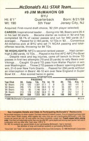 1986 McDonald's All-Star Team - Full Game Pieces: Week 3 Gold/Orange Tab #NNO Jim McMahon Back