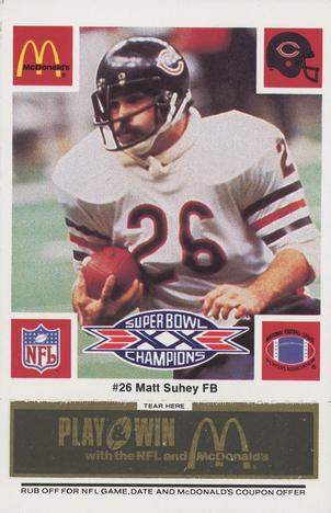 1986 McDonald's Chicago Bears - Full Game Pieces - Week 2 Black/Gray Tab #NNO Matt Suhey Front
