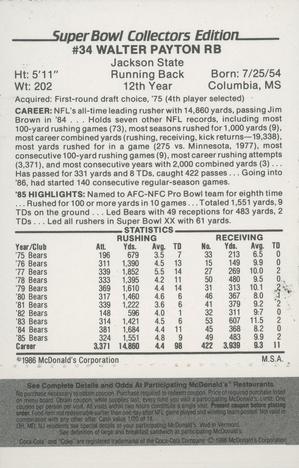 1986 McDonald's Chicago Bears - Full Game Pieces - Week 2 Black/Gray Tab #NNO Walter Payton Back