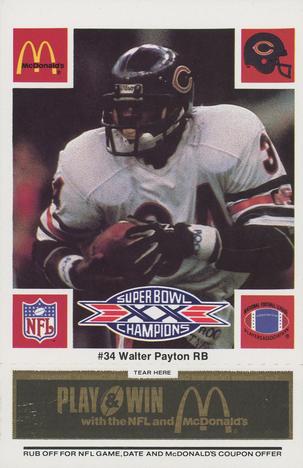 1986 McDonald's Chicago Bears - Full Game Pieces - Week 2 Black/Gray Tab #NNO Walter Payton Front