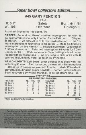 1986 McDonald's Chicago Bears - Full Game Pieces - Week 2 Black/Gray Tab #NNO Gary Fencik Back