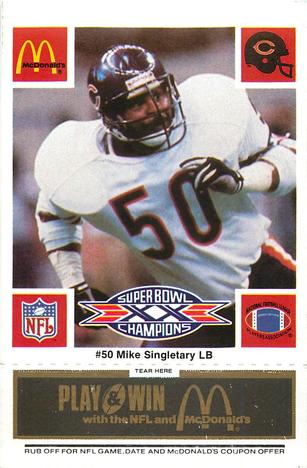 1986 McDonald's Chicago Bears - Full Game Pieces - Week 2 Black/Gray Tab #NNO Mike Singletary Front