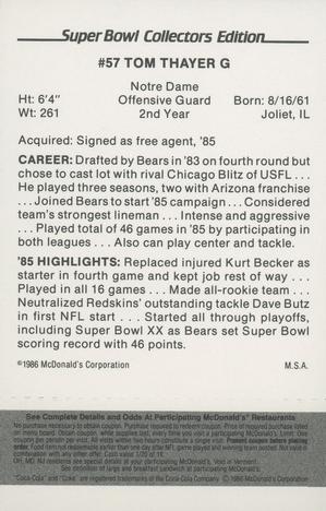 1986 McDonald's Chicago Bears - Full Game Pieces - Week 2 Black/Gray Tab #NNO Tom Thayer Back