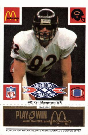 1986 McDonald's Chicago Bears - Full Game Pieces - Week 2 Black/Gray Tab #NNO Ken Margerum Front