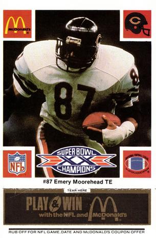 1986 McDonald's Chicago Bears - Full Game Pieces - Week 2 Black/Gray Tab #NNO Emery Moorehead Front