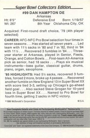 1986 McDonald's Chicago Bears - Full Game Pieces - Week 2 Black/Gray Tab #NNO Dan Hampton Back