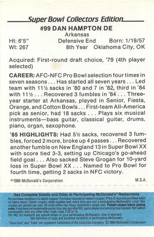 1986 McDonald's Chicago Bears - Full Game Pieces - Week 1 Blue Tab #NNO Dan Hampton Back
