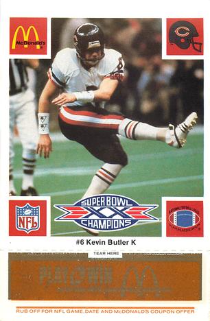 1986 McDonald's Chicago Bears - Full Game Pieces - Week 3 Gold/Orange Tab #NNO Kevin Butler Front
