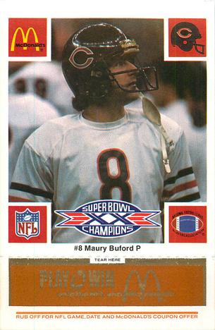 1986 McDonald's Chicago Bears - Full Game Pieces - Week 3 Gold/Orange Tab #NNO Maury Buford Front