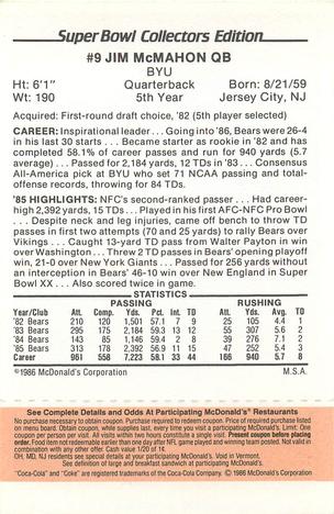 1986 McDonald's Chicago Bears - Full Game Pieces - Week 3 Gold/Orange Tab #NNO Jim McMahon Back