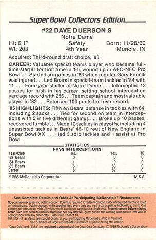 1986 McDonald's Chicago Bears - Full Game Pieces - Week 3 Gold/Orange Tab #NNO Dave Duerson Back
