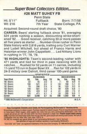 1986 McDonald's Chicago Bears - Full Game Pieces - Week 3 Gold/Orange Tab #NNO Matt Suhey Back