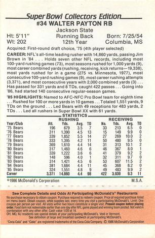 1986 McDonald's Chicago Bears - Full Game Pieces - Week 3 Gold/Orange Tab #NNO Walter Payton Back