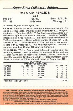 1986 McDonald's Chicago Bears - Full Game Pieces - Week 3 Gold/Orange Tab #NNO Gary Fencik Back