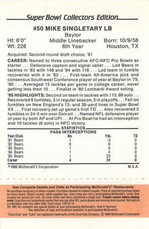 1986 McDonald's Chicago Bears - Full Game Pieces - Week 3 Gold/Orange Tab #NNO Mike Singletary Back