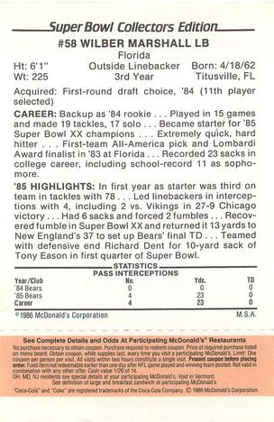 1986 McDonald's Chicago Bears - Full Game Pieces - Week 3 Gold/Orange Tab #NNO Wilber Marshall Back