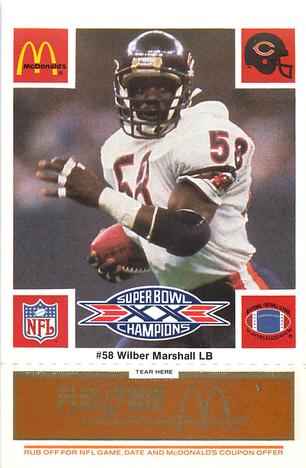 1986 McDonald's Chicago Bears - Full Game Pieces - Week 3 Gold/Orange Tab #NNO Wilber Marshall Front