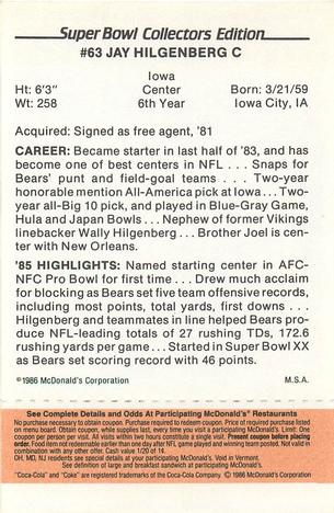 1986 McDonald's Chicago Bears - Full Game Pieces - Week 3 Gold/Orange Tab #NNO Jay Hilgenberg Back