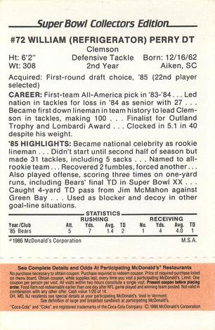 1986 McDonald's Chicago Bears - Full Game Pieces - Week 3 Gold/Orange Tab #NNO William Perry Back