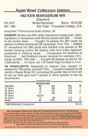 1986 McDonald's Chicago Bears - Full Game Pieces - Week 3 Gold/Orange Tab #NNO Ken Margerum Back