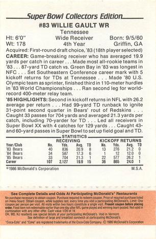 1986 McDonald's Chicago Bears - Full Game Pieces - Week 3 Gold/Orange Tab #NNO Willie Gault Back