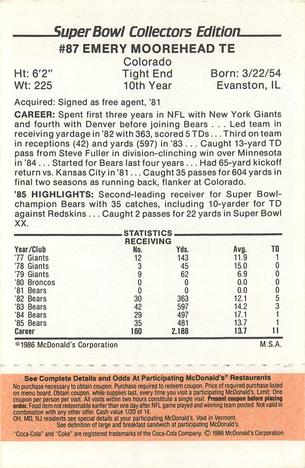 1986 McDonald's Chicago Bears - Full Game Pieces - Week 3 Gold/Orange Tab #NNO Emery Moorehead Back