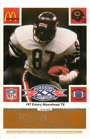 1986 McDonald's Chicago Bears - Full Game Pieces - Week 3 Gold/Orange Tab #NNO Emery Moorehead Front