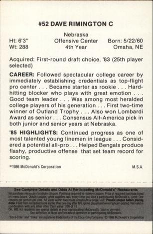 1986 McDonald's Cincinnati Bengals - Full Game Pieces - Week 2 Black/Gray Tab #NNO Dave Rimington Back