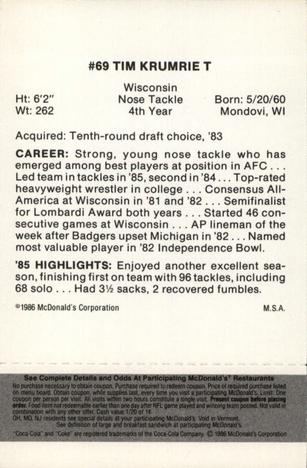 1986 McDonald's Cincinnati Bengals - Full Game Pieces - Week 2 Black/Gray Tab #NNO Tim Krumrie Back