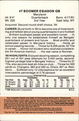 1986 McDonald's Cincinnati Bengals - Full Game Pieces - Week 3 Gold/Orange Tab #NNO Boomer Esiason Back