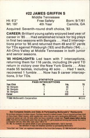 1986 McDonald's Cincinnati Bengals - Full Game Pieces - Week 3 Gold/Orange Tab #NNO James Griffin Back