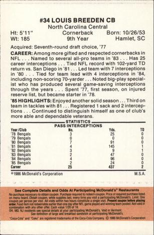 1986 McDonald's Cincinnati Bengals - Full Game Pieces - Week 3 Gold/Orange Tab #NNO Louis Breeden Back