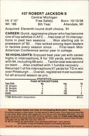 1986 McDonald's Cincinnati Bengals - Full Game Pieces - Week 3 Gold/Orange Tab #NNO Robert Jackson Back
