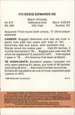 1986 McDonald's Cincinnati Bengals - Full Game Pieces - Week 3 Gold/Orange Tab #NNO Eddie Edwards Back