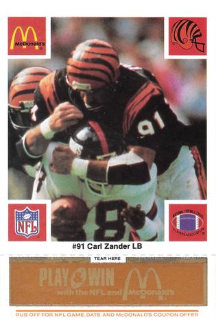 1986 McDonald's Cincinnati Bengals - Full Game Pieces - Week 3 Gold/Orange Tab #NNO Carl Zander Front