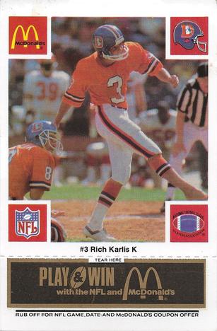 1986 McDonald's Denver Broncos - Full Game Pieces - Week 2 Black/Gray Tab #NNO Rich Karlis Front