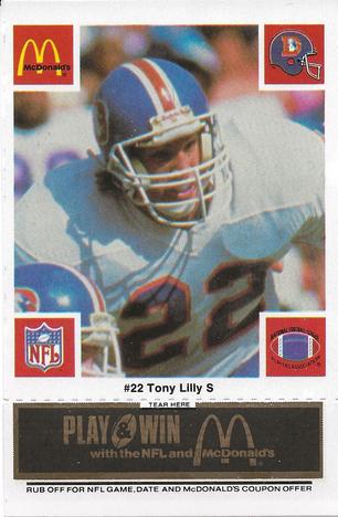 1986 McDonald's Denver Broncos - Full Game Pieces - Week 2 Black/Gray Tab #NNO Tony Lilly Front
